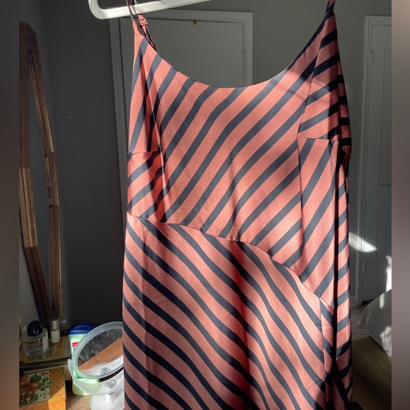 a new day Dresses & Skirts - A New Day asymmetrical satin dress in pinkish orange with black stripes